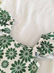 SHEIN Elladie kids 少女热带度假风荷叶边蝴蝶结装饰连衣裙，编织款，假日，夏季，旅行 - 綠色 - 查看 6