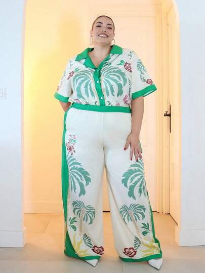 Pretty and Ole 大码女式春夏优雅棕榈树印花 2 件套短袖宽松衬衫 + 配套宽松裤两件套，适合日常穿着、婚礼、波西米亚风