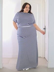 Pretty and Ole 2pcs/Set Women Plus Size Casual Vacation T-Shirt And Striped Maxi Dress, Spring/Summer - Navy Blue - View 4