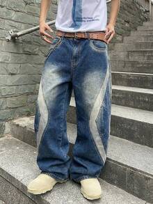 ROMWE MEN Grunge Punk Men's Contrast Color Pocket Wide Leg Loose Casual Jeans - Blue - View 2