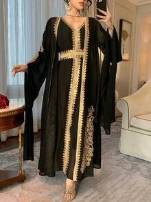 DAZY 2pcs Women's Middle Eastern Dubai Arabic Style Dress With Ribbon Trim - Black - View 3