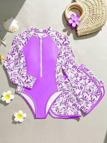 New Stylish Girls Kid's Printed One-Piece Swimsuit - Purple - View 4