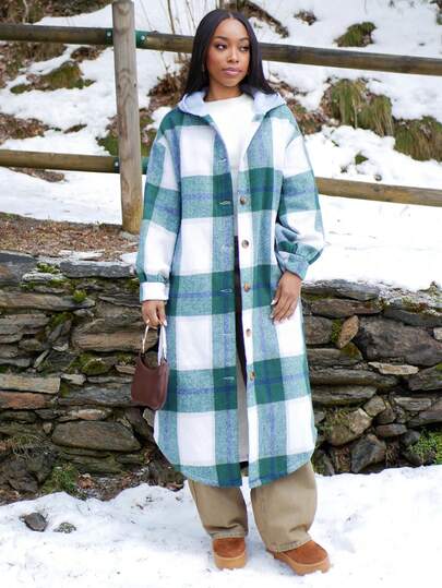 Yess Loren Kapşonlu Ceket Büyük Boy Ceket Uzun Ceketler Kadın Günlük Ekose Uzun Normal Ceket Günlük Moda Peluş Sıcaklık İçin Ekose Desen Ön Düğme Cep Uzun Kollu Normal Ceket, Sonbahar/Kış