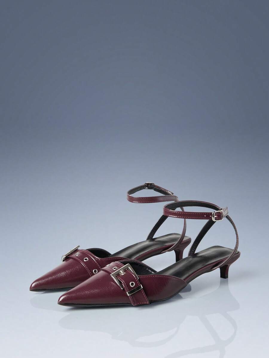 CUCCOO GRLICON 复古酒红色尖头金属扣露跟女鞋 - 酒紅色 - 查看 1
