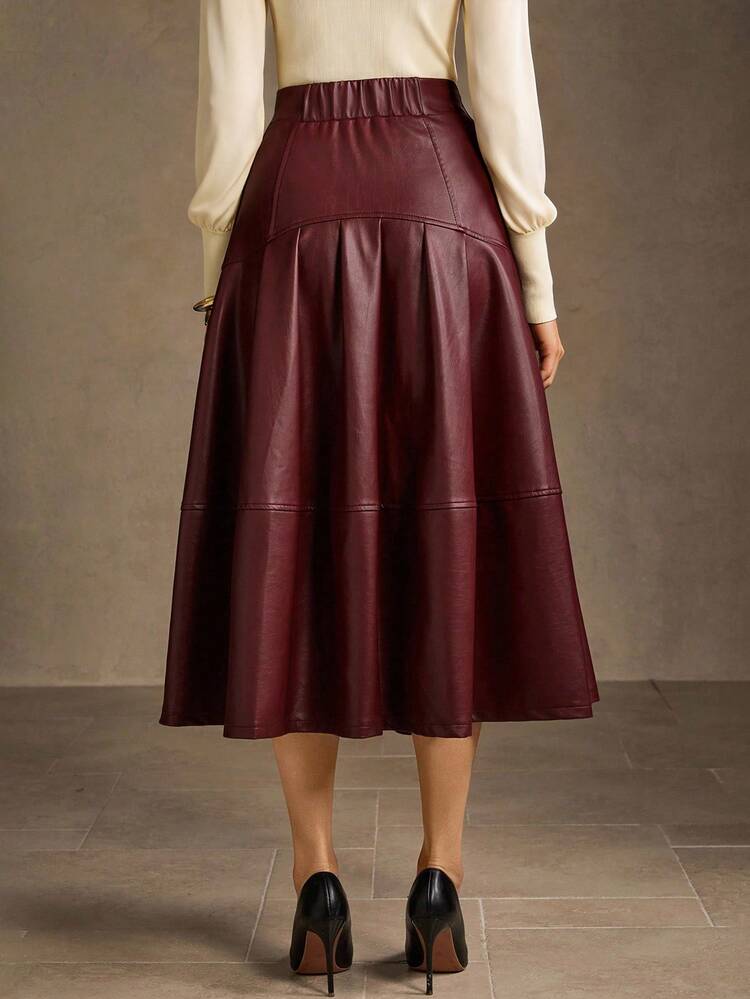 WOMEN'S ENCORE RED PU LEATHER PLEATED A-LINE SKIRT
