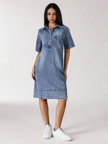 Flexra Women's Summer Polo Collar Short Sleeve Straight Loose Casual Denim Dress - Blue - View 7