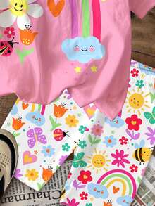 SHEIN 两件套女童休闲可爱印花短袖T恤和短裤套装，图案包括花朵、人脸、彩虹、昆虫和蝴蝶，适合夏季女童穿搭，春夏皆宜，夏季度假必备，波点元素，Y2K风格，女婴服装，套装，舒适春夏款式，轻松舒适 - 彩色 - 查看 5