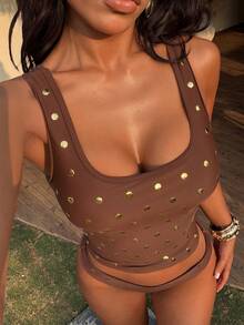Swim Vcay Women's Summer Fashion Beach Vacation Style Solid Color Square Neck Rivet Decor Tankini Swimwear - Brown - View 1
