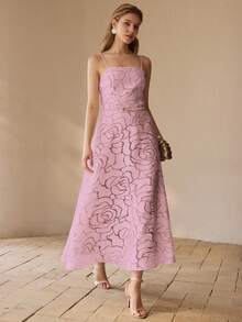 MOTF PREMIUM 法式优雅连衣裙，吊带玫瑰花卉A字型女士正式礼服 - 粉色 - 查看 3
