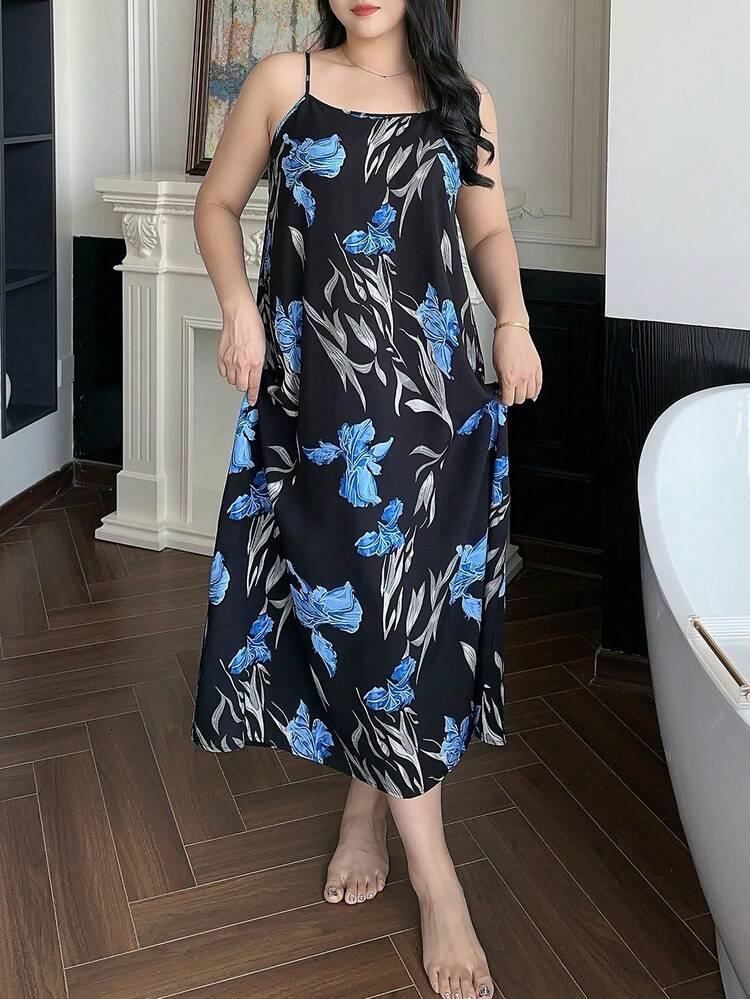 Dazy Plus Floral Print Lightweight Long Slip Dress, Elegant Plus Size Women Sleepwear For Vacation