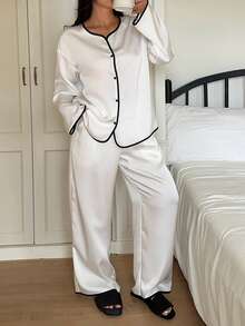 Dazy Plus Plus Size Comfortable Contrast Trim Front Button Long Sleeve Top And Pants Pajama Set, Autumn - Apricot - View 7