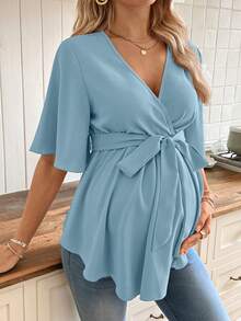 SHEIN Maternity Solid V-Neck Ruched Waist Design Casual Versatile Blouse For Daily Wear - Baby Blue - View 4