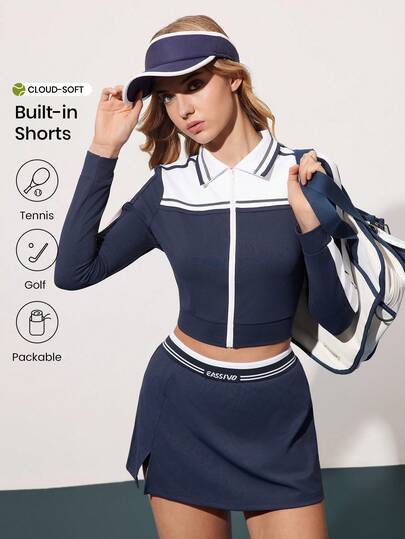 CourtClass Casual Versatile Contrast Color Collar Zip Up Slim Fit Sports Tennis Jacket