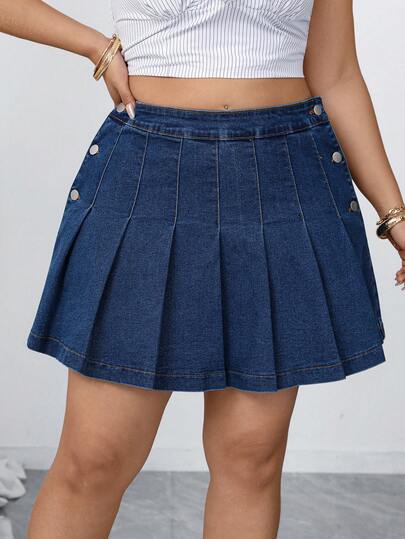 Elenzga 大码女式优雅舒适中蓝色无弹力牛仔百褶裙