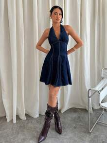 Siren Gaze 女士性感深V领牛仔连衣裙 - 深色水洗藍 - 查看 5