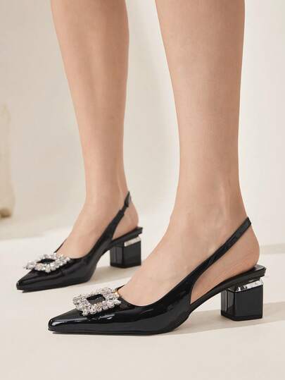 CUCCOO CHICEST Women's Chunky High Heel Pointed Toe Black Patent Leather Metal Crystal Embellished Open Toe Fashion Pumps, Elegant For Social Events, Party, Office Commute Elegant Shoes Wedding Shoes