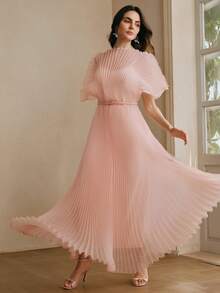 Anewsta Vacation Outfit Dress, Fashionable Pink Batwing Sleeve Mid-Sleeve Cinched Waist Flared Dress Pink Pleated Dress - Pink - View 3
