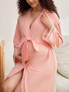 BloomMama Maternity Lace Sleeve & Tie Waist Robe - Dusty Pink - View 5