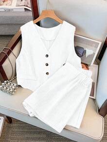 GlowEve CURVE 大码女式纯色V领无袖上衣带口袋短裤套装，时尚优雅休闲装 - 白色 - 查看 1