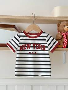 女童休闲蓝条纹T恤，饰有“NEW YORK”字样，撞色红色点缀，返校季学院风圆领短袖T恤，适合夏季穿着 - 彩色 - 查看 2