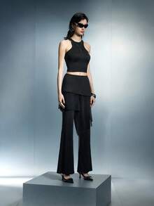 Airlisse 女士无袖吊带背心+雪纺喇叭低腰裤，春夏款 - 黑色 - 查看 3