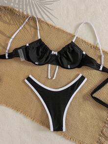 Swim Mod White Textured Fabric Soft Cup Removable Padded Underwire Bikini Top With Brown Bow Tie, Minimalist Sexy Women 2-Piece Swimsuit For Vacation - Black and White - View 2