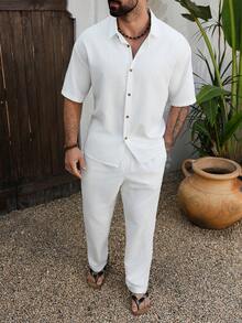 VENTUSAIL 男士纯色 Polo 领单排扣短袖衬衫上衣和裤子休闲日常套装男士全白沙滩裤套装亚麻男士步行套装男士两件套亚麻男士坎昆套装男士度假套装日常休闲、周末旅行、远足旅行、轻松的工作环境、男友/丈夫礼物、周年纪念/生日礼物派对夏季假期假日老钱、婚礼男士 - 白色 - 查看 1