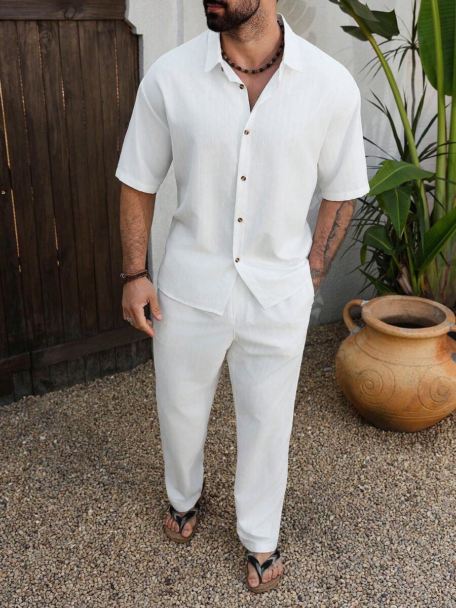 VENTUSAIL 男士纯色 Polo 领单排扣短袖衬衫上衣和裤子休闲日常套装男士全白沙滩裤套装亚麻男士步行套装男士两件套亚麻男士坎昆套装男士度假套装日常休闲、周末旅行、远足旅行、轻松的工作环境、男友/丈夫礼物、周年纪念/生日礼物派对夏季假期假日老钱、婚礼男士 - 白色 - 查看 1