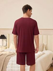 SHEIN Men's Casual V-Neck Half-Zip Short Sleeve Shorts Pajama Set, Loose Fit Solid Color Loungewear - Burgundy - View 6
