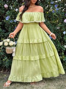 Sunnyshic Woven Fabric Plus Size Green Casual Shirred Off The Shoulder Long A Line Dress Featuring Cold Shoulder Short Sleeves And Flared Hem - Green - View 1