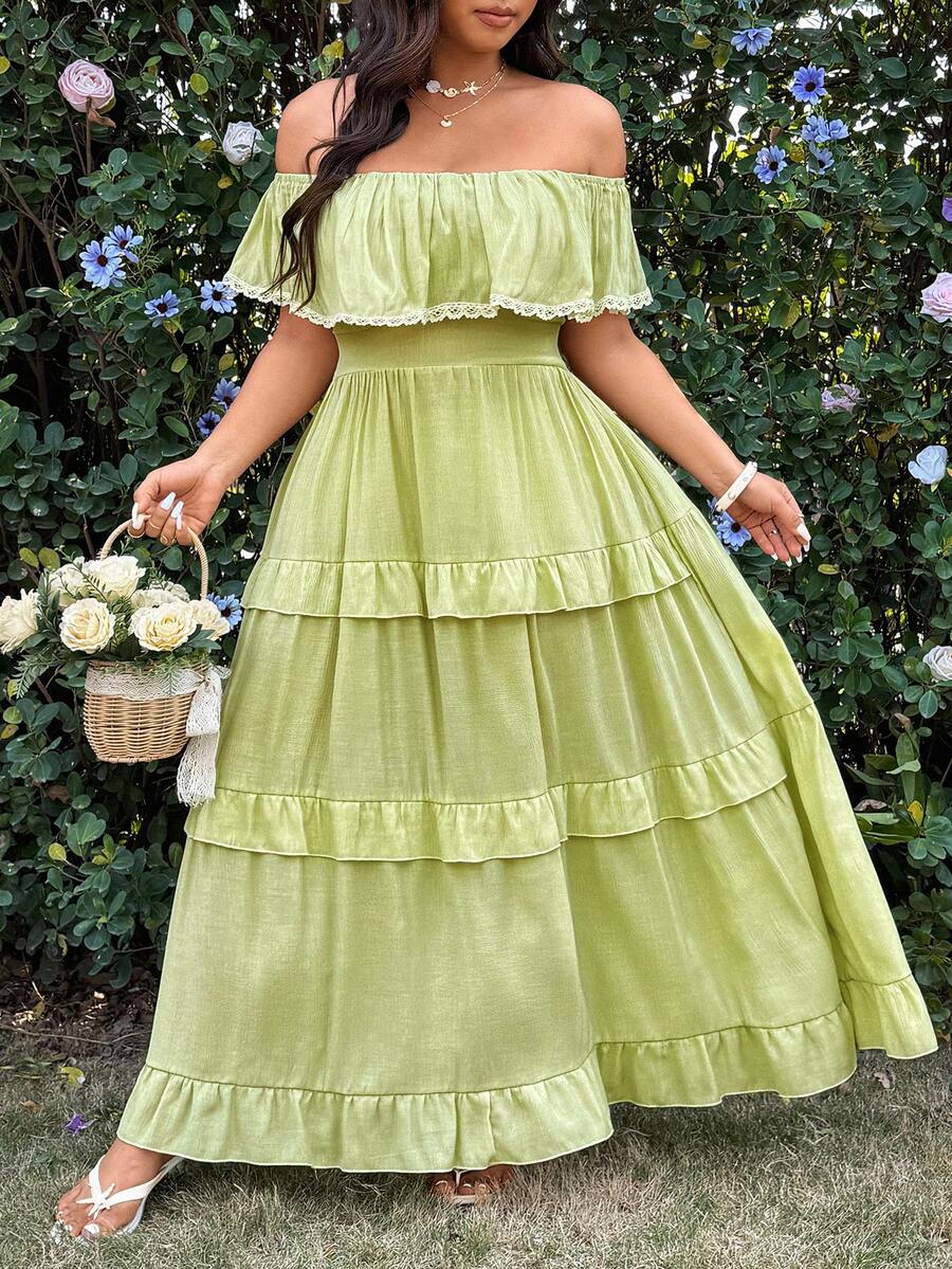 Sunnyshic Woven Fabric Plus Size Green Casual Shirred Off The Shoulder Long A Line Dress Featuring Cold Shoulder Short Sleeves And Flared Hem - Green - View 1
