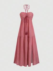 Sweetra Damska sukienka w stylu boho, swobodna, plażowa, w kratę w kolorze czerwonym, z żakardowym wiązaniem i wysokim rozcięciem, wiosna/lato - Czerwony - Zobacz 1