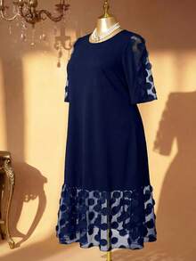 Rometta Plus Size Women Summer Elegant Mesh Patchwork Dress - Navy Blue - View 2