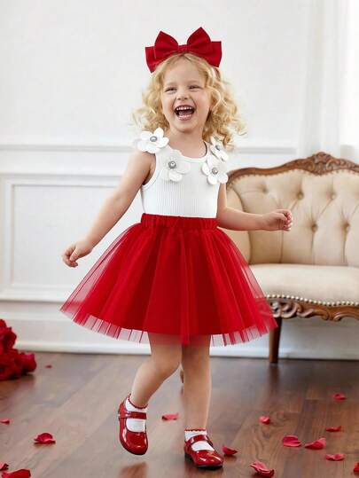 2pcs/Set Toddler Girls' Summer Vest Set, White Sleeveless Top With 3D Floral Decor, Paired With Red Mesh Skirt, Fluffy & Lightweight, Suitable For Daily Wear Or Small Gatherings