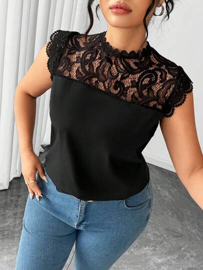 Elenzga Plus Size Women's Summer New Round Neck Flare Sleeve Lace Patchwork T-Shirt, Fashion Versatile Lace Blouse, Elegant Cap Sleeve Top, Slim Fit Lace Shirt Suitable For Daily Outing, Shopping Or Gathering With Friends