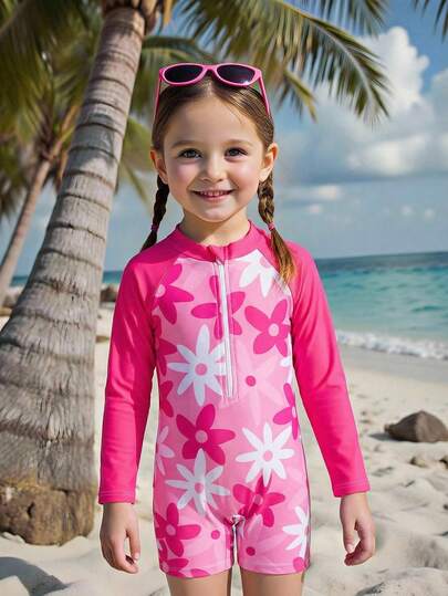 SHEIN Playful Pals 1 pieza Traje de baño de una pieza con estampado de tiburón de manga larga para niñas, diseño lindo, protección solar, verano