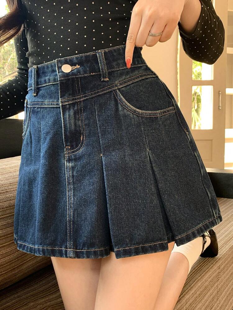Women's Solid Color Pleated Waist Belt Denim A-Line Skirt, Fashionable College Style Summer