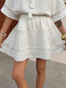 DAZY Chân váy chữ A phối ren, cạp chun, kiểu dáng nữ tính, thích hợp cho mùa xuân/hè. - trắng - Xem 3