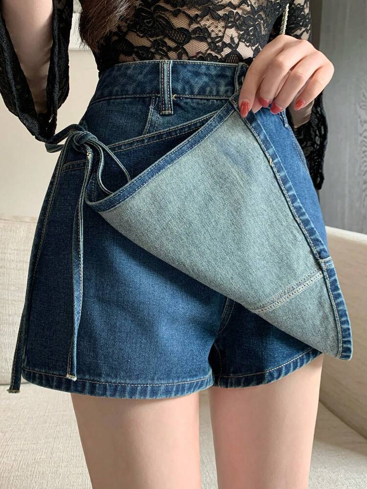 Women's Solid Color Wrap Tie Waist Fashion Summer Denim Skirt With Belt Loop