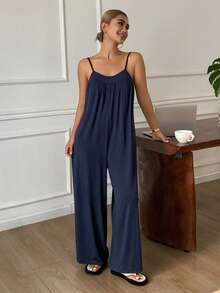 DAZY Minimalist Pleated Soft Draping Knit Jumpsuit For Women Loungewear - Navy Blue - View 5