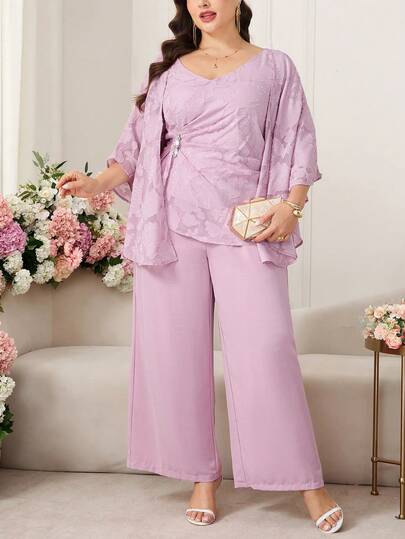 Reflora Plus Size Elegant Romantic Cutout Blouse And Pants 2 Pieces Set, Pink 2 Pieces Set With Pockets, Elegant Outfit, Summer 2 Pieces Suit Suitable For Daily Wear,Summer,Spring,Summer Outfits ,Summer Clothes,Summer Holiday Outfits,Spring Outfit Women,Spring Clothing,Spring Women,Luxury Evening Dresses For Women,Luxury Women's Jalabiya,Luxury Evening Dress For Women ,Luxury Evening Dresses For Weddings,Luxury Women's Abaya Beach,Beach Outfits For Women,Beach Outfit For Women,Casual Sets For Women,Luxury Women's Two-Piece Set,Pink