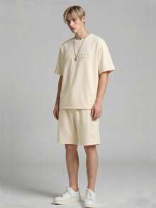 2件套青少年男童休闲度假时尚运动短袖T恤和短裤套装，浅绿色，3D字母印花简约运动装，夏季 - 杏色 - 查看 2