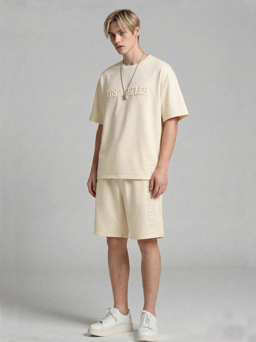 2件套青少年男童休闲度假时尚运动短袖T恤和短裤套装，浅绿色，3D字母印花简约运动装，夏季