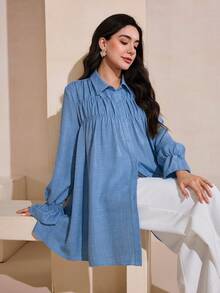 Graceveil 优雅女士荷叶边宽松休闲长袖衬衫，甜美百搭 - 藍色 - 查看 1