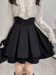 FRIFUL 女士黑色纯色高腰褶裥短款休闲百搭修身迷你裙，秋冬款 - 黑色 - 查看 4