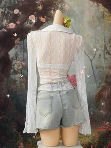 SHEIN DivaQ Sexy Lace Patchwork V-Neck Semi-Sheer Music Festival Shirt - White - View 2