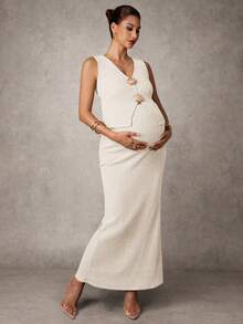MaterniChic 孕妇金属贝壳装饰背心和可调节腰围修身裙两件套 - 杏色 - 查看 4
