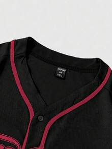 ROMWE MEN Prep 男士字母印花单排扣休闲宽松短袖衬衫 - 黑色 - 查看 3