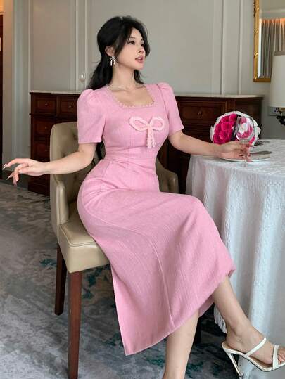 DAZY 优雅法式风格拼接蝴蝶结收腰短袖中长连衣裙（女款）