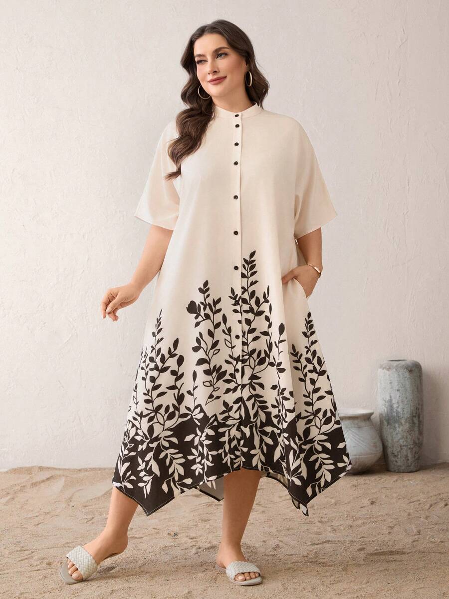 SHEIN Essnce 大码女装春夏时尚休闲宽松舒适日常短袖杏色中长连衣裙，饰有树叶印花，夏季服装，长袍，度假装 - 杏色 - 查看 1